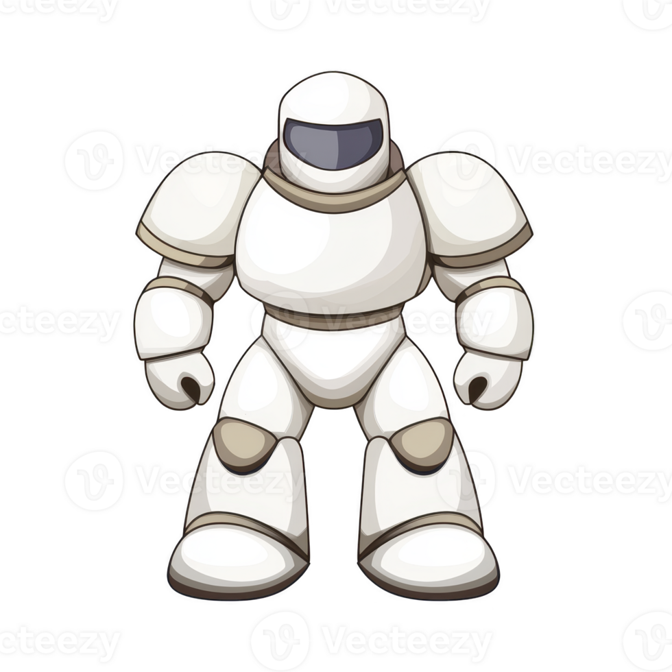 cartoon robot with white and gray color scheme stands confidently, featuring smooth, rounded design and helmet like head. robot futuristic appearance suggests advanced technology and friendly png
