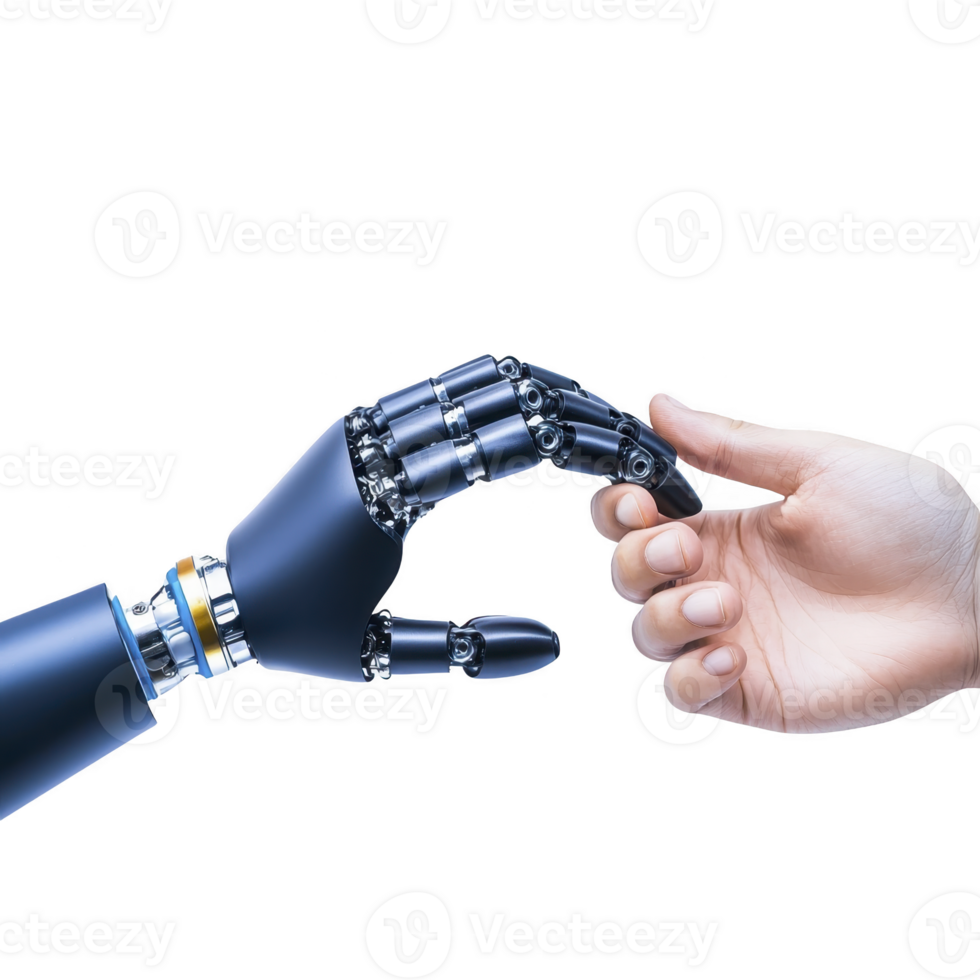 robotic hand and human hand reach towards each other, symbolizing connection between technology and humanity. image conveys sense of collaboration and innovation png