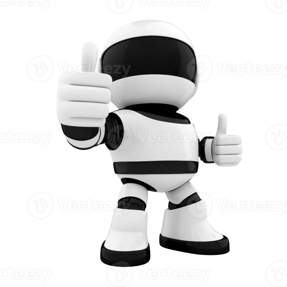 futuristic robot character with sleek design gives thumbs up gesture, conveying positivity and approval. robot smooth, white and black exterior highlights its modern and friendly appearance png