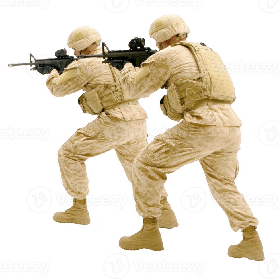Two soldiers in desert camouflage uniforms are aiming rifles, demonstrating tactical stance. They wear helmets and protective gear, emphasizing readiness and focus in military setting png