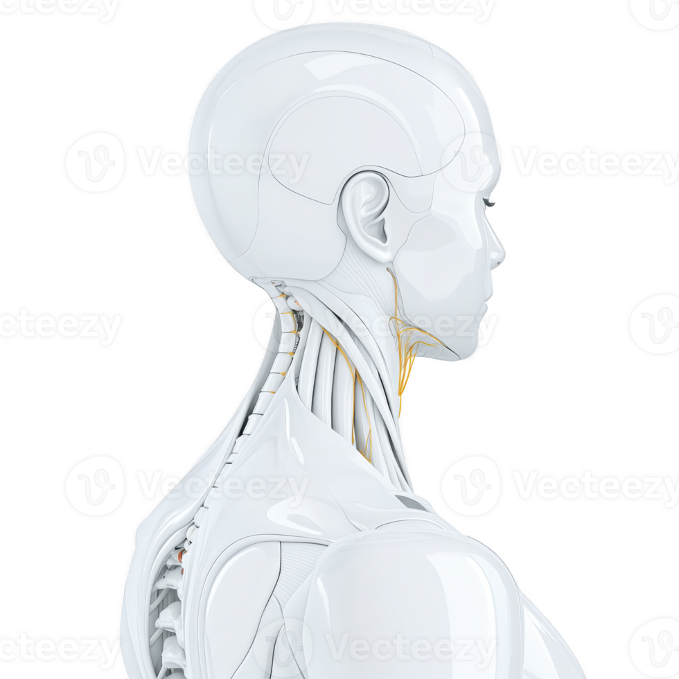 futuristic humanoid robot with sleek white design is shown in profile, highlighting its intricate neck and head structure. image emphasizes advanced technology and innovation png