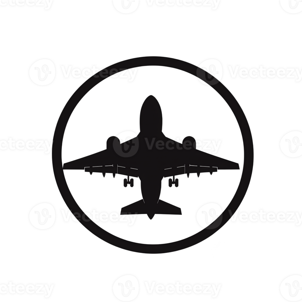 silhouette of airplane is centered within circular border, creating simple and bold aviation themed design. image conveys sense of travel and adventure png