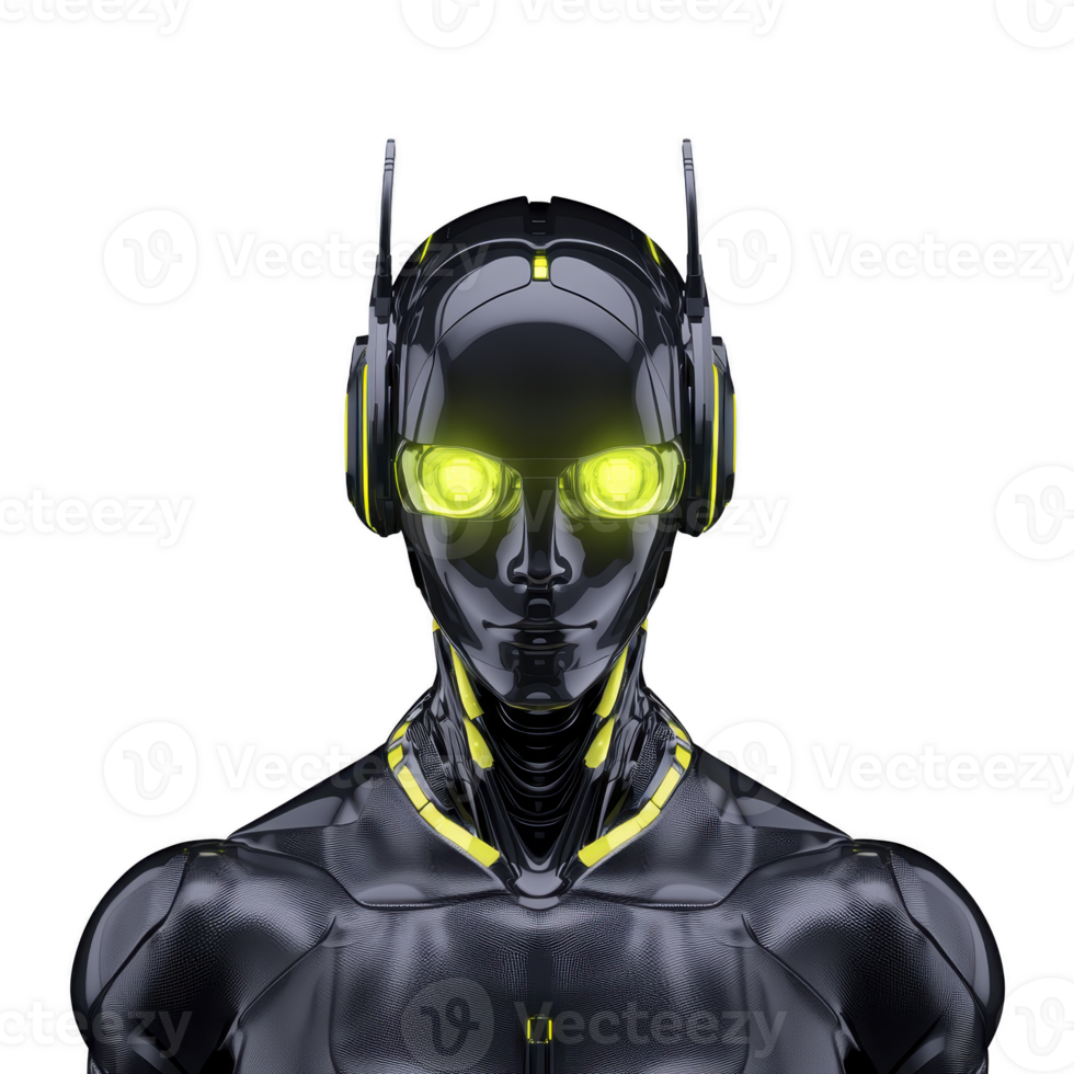 futuristic robot with glowing yellow eyes and sleek black armor stands against plain background, exuding sense of advanced technology and innovation png