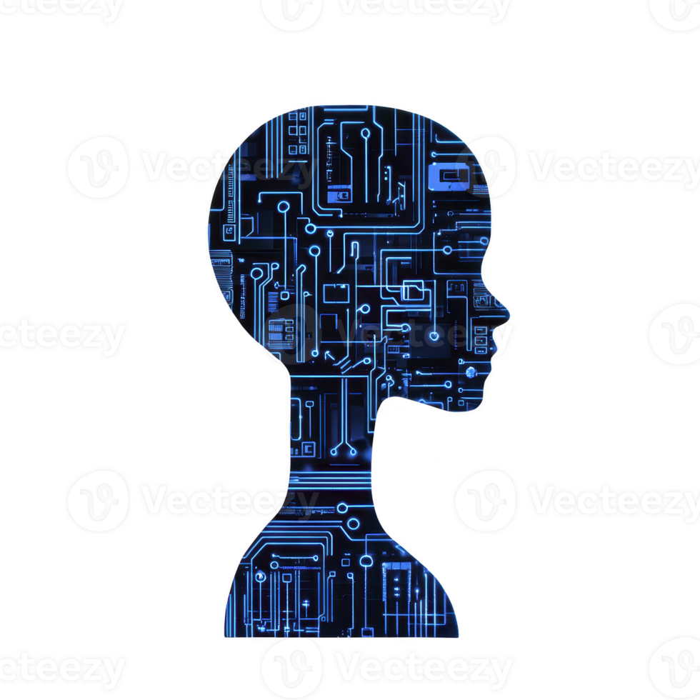 silhouette of human head filled with blue circuit patterns symbolizes integration of technology and human intelligence. design evokes futuristic and innovative atmosphere png