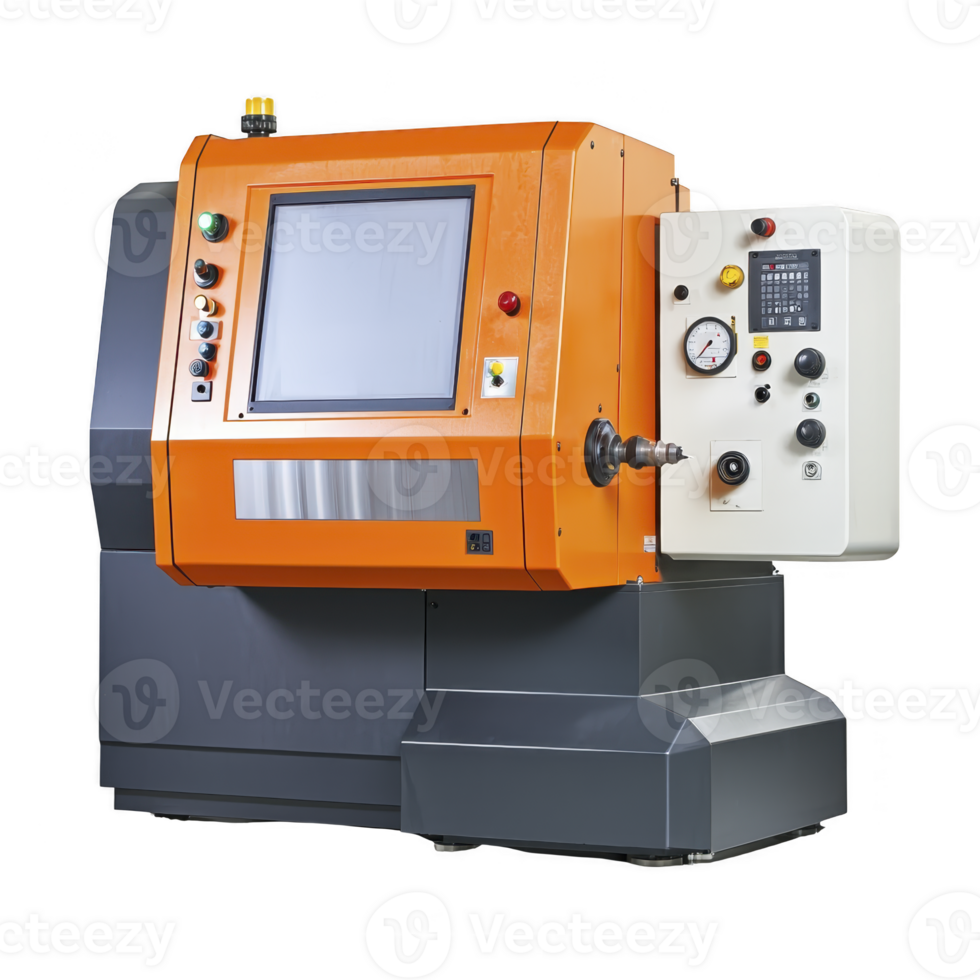 This shows industrial CNC machine with orange control panel and digital display, used for precision manufacturing. machine features various buttons and pressure gauge.CNC machine with orange png