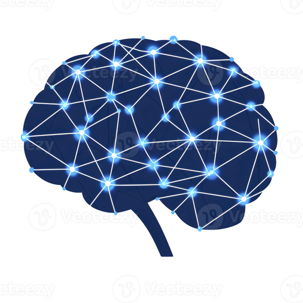 digital illustration of brain with interconnected nodes and lines, symbolizing neural network or artificial intelligence. glowing blue nodes and lines create futuristic and technological feel png