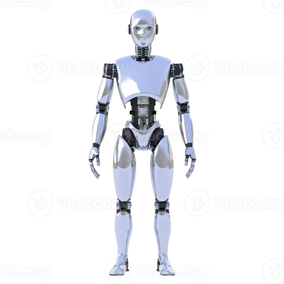 humanoid robot with sleek, metallic design stands upright, showcasing advanced technology and futuristic aesthetics. Its reflective surface and articulated joints highlight innovation png