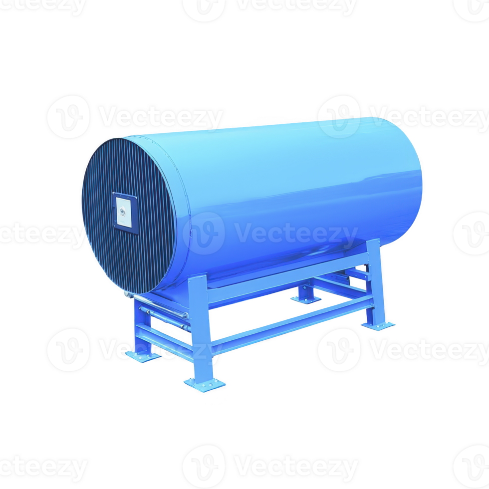 large blue industrial tank with cylindrical shape is mounted on sturdy metal frame. tank features vented end and is designed for storage or processing in industrial settings png