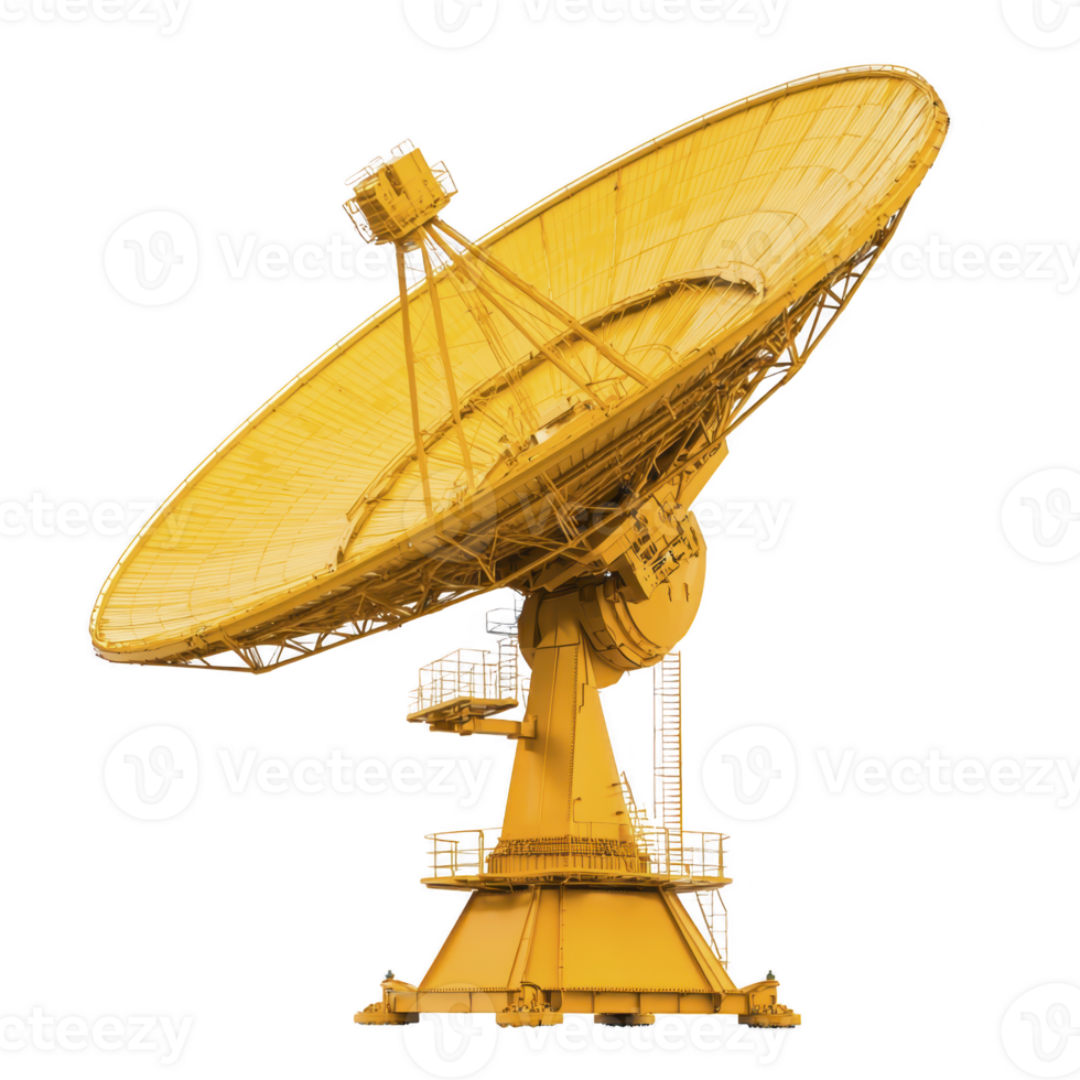 large yellow satellite dish stands prominently, showcasing its intricate structure and engineering marvel. dish is designed for communication and data transmission, reflecting technological png