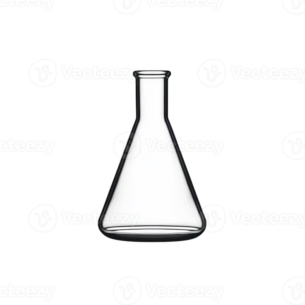clear glass Erlenmeyer flask with narrow neck and wide base, commonly used in laboratories for mixing and heating chemicals. flask is empty and isolated on transparency background png