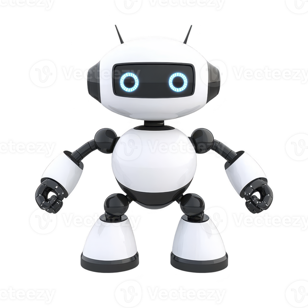 cute, futuristic robot with white and black design stands with friendly expression, featuring glowing blue eyes and antennae. Its round body and limbs give it playful appearance png