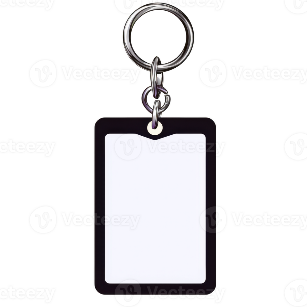 blank rectangular keychain with metal ring and black border, perfect for customization or personal use. simple design allows for easy attachment to keys or bags png