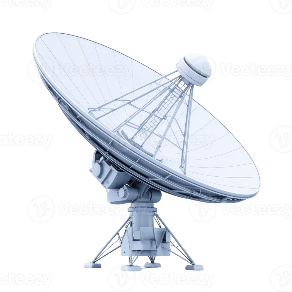 large satellite dish antenna with metallic structure is positioned against clear background, showcasing its intricate design and technology. dish is used for communication and data transmission png