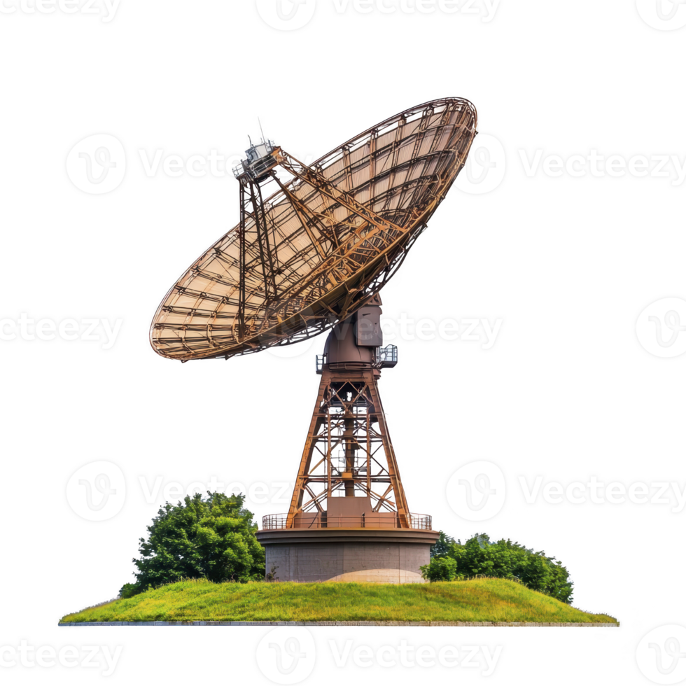 large satellite dish stands prominently on grassy mound, surrounded by lush green bushes, under clear sky. structure is metallic and intricate, designed for communication png