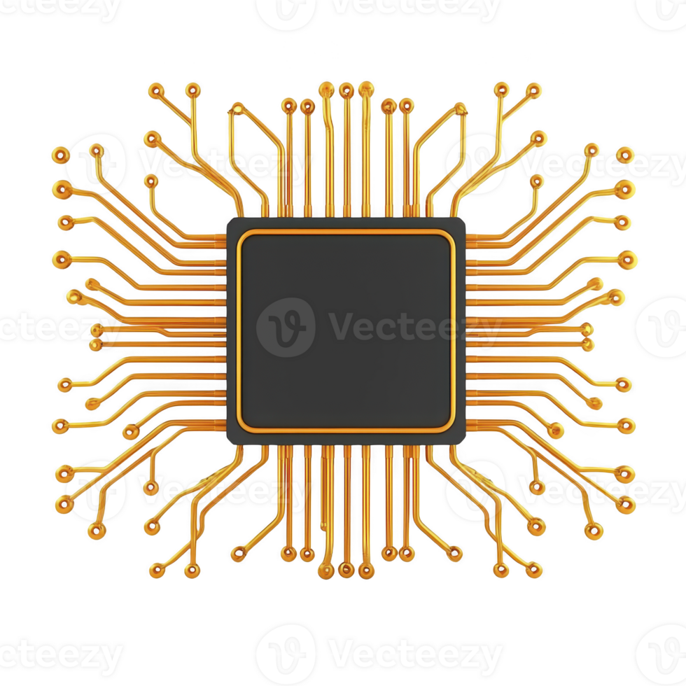detailed illustration of microchip with intricate gold circuits extending outward, symbolizing advanced technology and connectivity. design is symmetrical and futuristic png