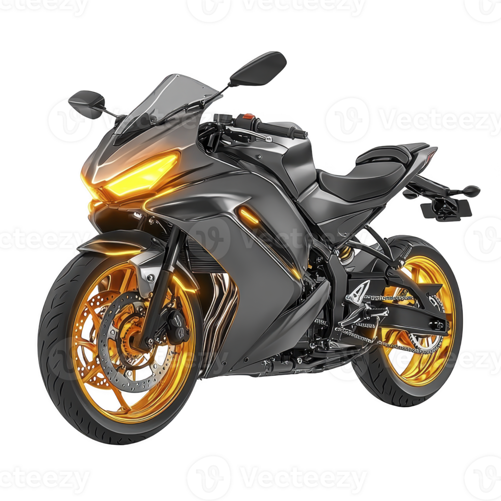 sleek black motorcycle with striking gold accents and glowing lights, showcasing modern and dynamic design. bike features aerodynamic curves and sporty appearance, perfect for enthusiasts png