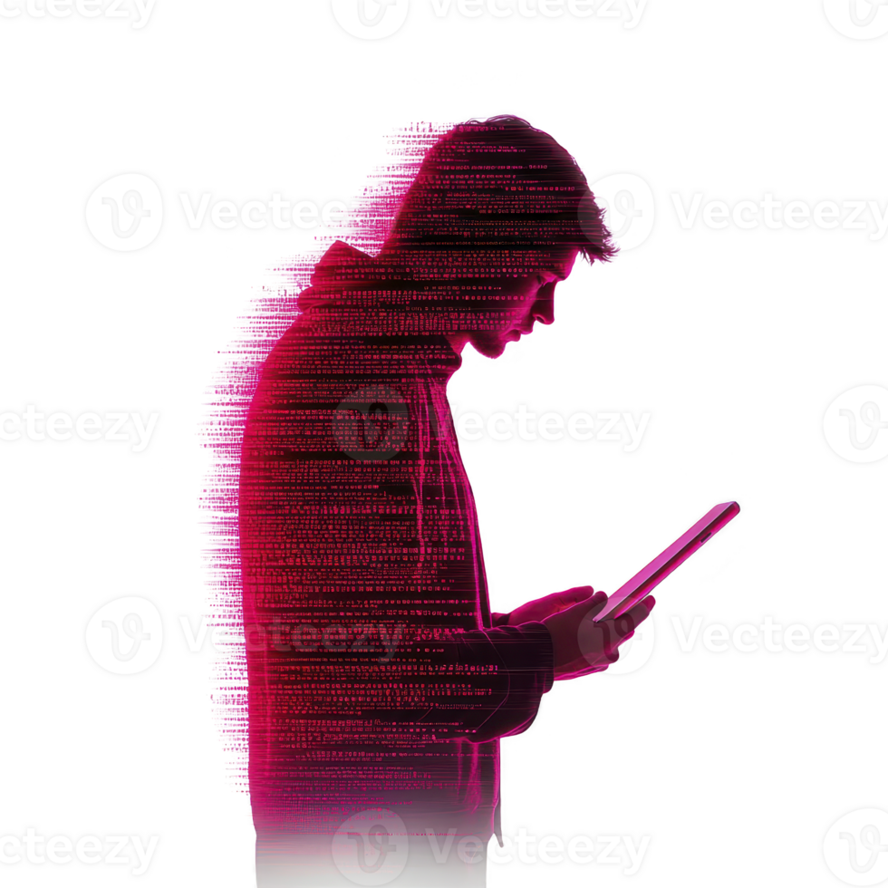 silhouette of person holding tablet is highlighted by glitch effect with vibrant pink and red hues, creating digital and futuristic atmosphere png
