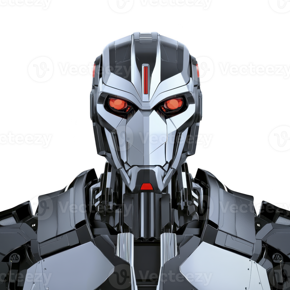 futuristic robot with sleek metallic design and glowing red eyes stands against plain background, showcasing advanced technology and innovation png