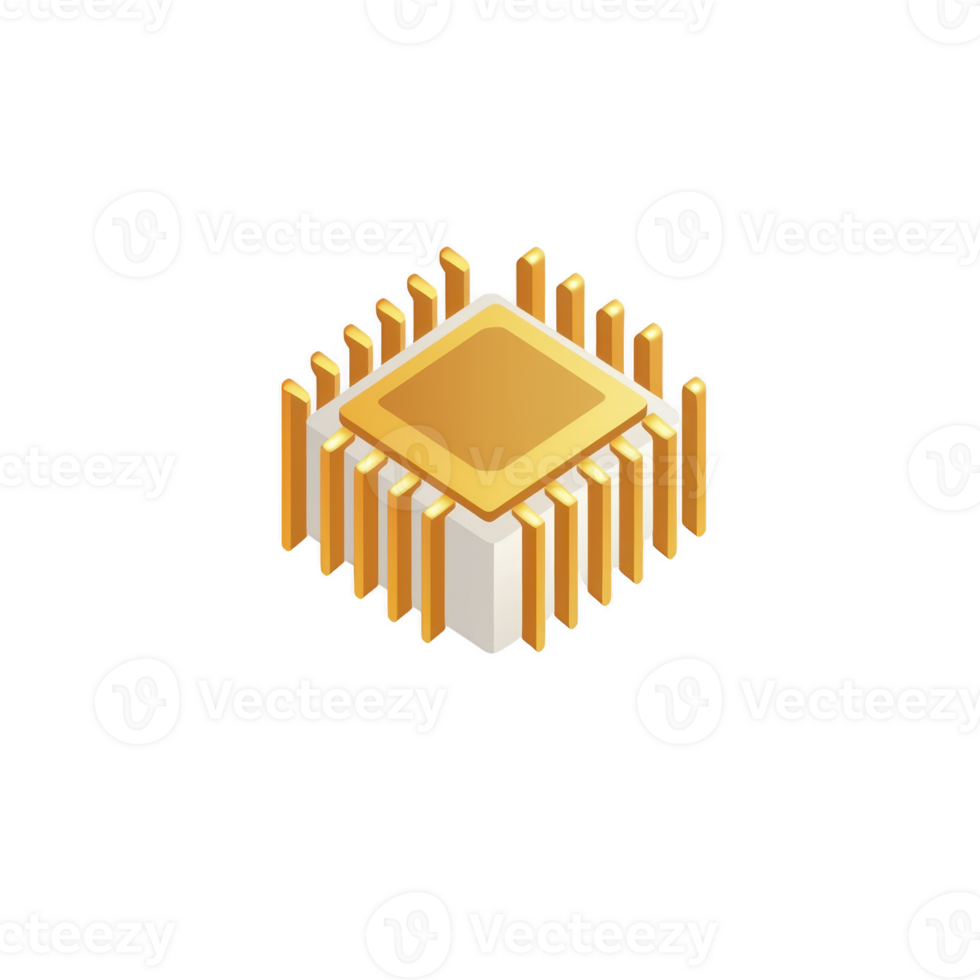 3D illustration of microchip with gold and white color scheme, featuring square shape and vertical lines representing pins. design is modern and sleek, symbolizing technology and innovation png