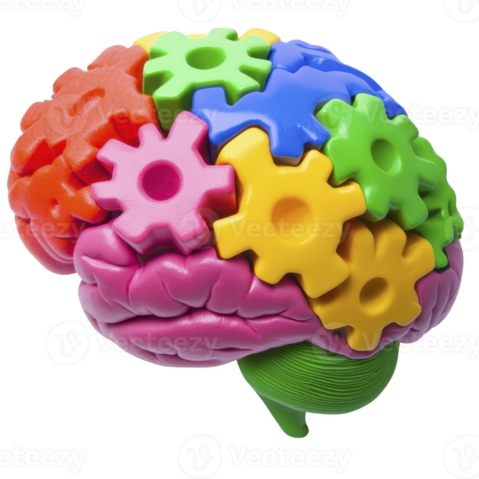 colorful brain model with interlocking gears symbolizes creativity and innovation. vibrant gears represent different cognitive processes working together harmoniously png