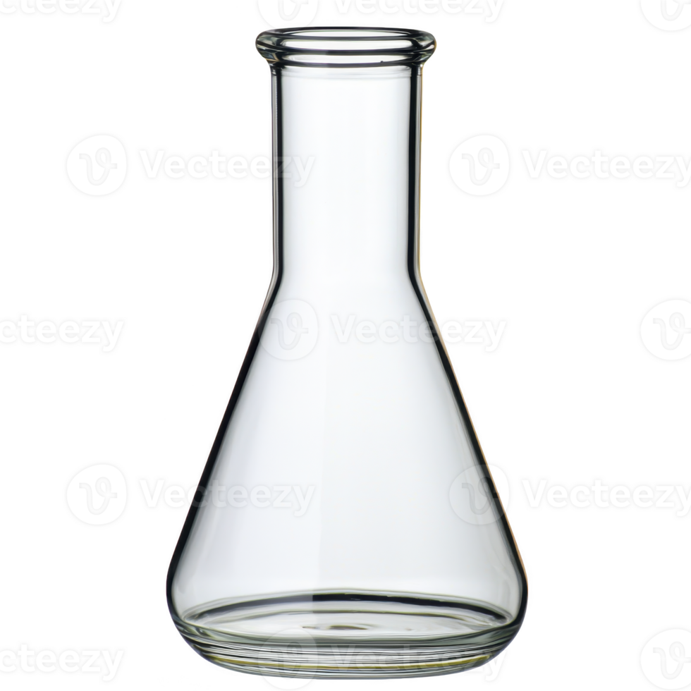 clear glass Erlenmeyer flask with narrow neck and wide base, commonly used in laboratories for mixing and heating chemicals. transparent design allows easy observation of contents png