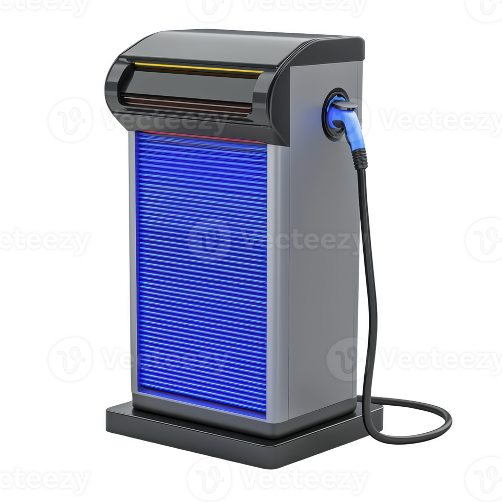 Electric vehicle charging station with sleek design and blue LED lights, featuring connected charging cable. modern structure is ideal for urban environments png