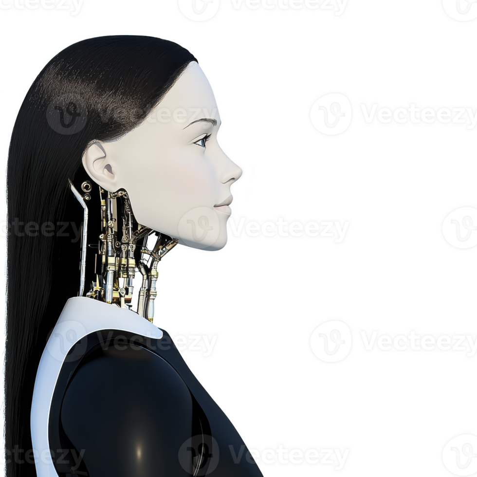 futuristic humanoid robot with visible mechanical components in neck area, showcasing advanced technology and sleek design. robot has human like face and dark hair png