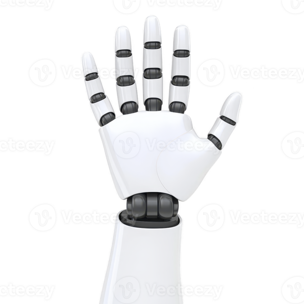 robotic hand with sleek white design and black joints is shown in open position, showcasing advanced technology and futuristic innovation png