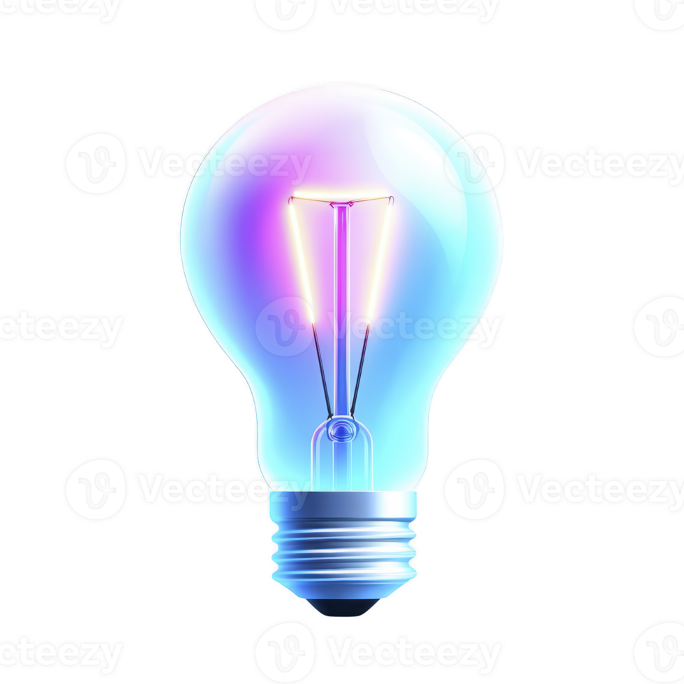 glowing light bulb with vibrant, colorful filament symbolizes creativity and innovation. bulb transparent glass and metallic base reflect modern, futuristic design png