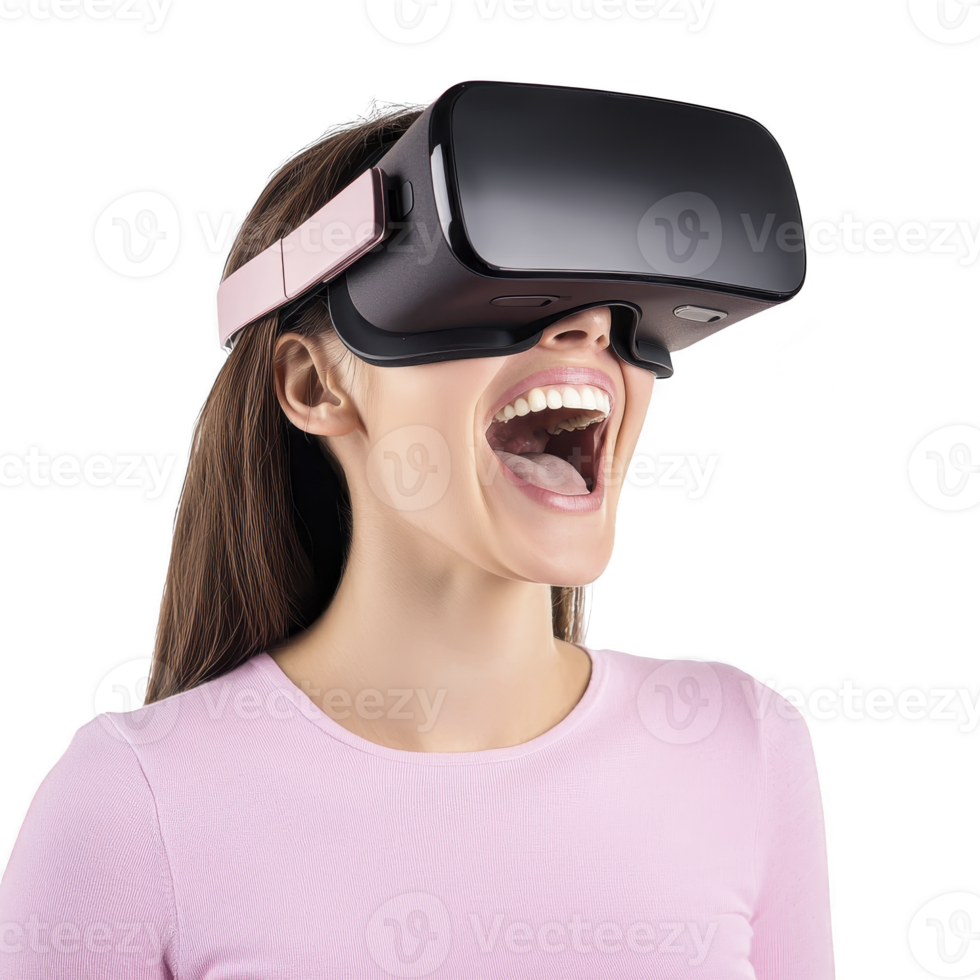 woman wearing virtual reality headset appears excited and engaged, showcasing immersive experience of VR technology. headset is sleek and modern, complementing her casual attire png