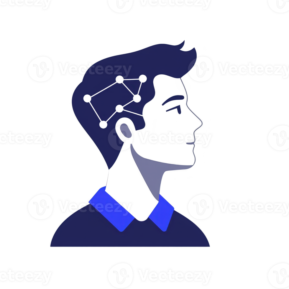stylized illustration of person profile with network of connected nodes symbolizing thought processes or neural connections. image uses dark blue color palette, creating modern and abstract feel png