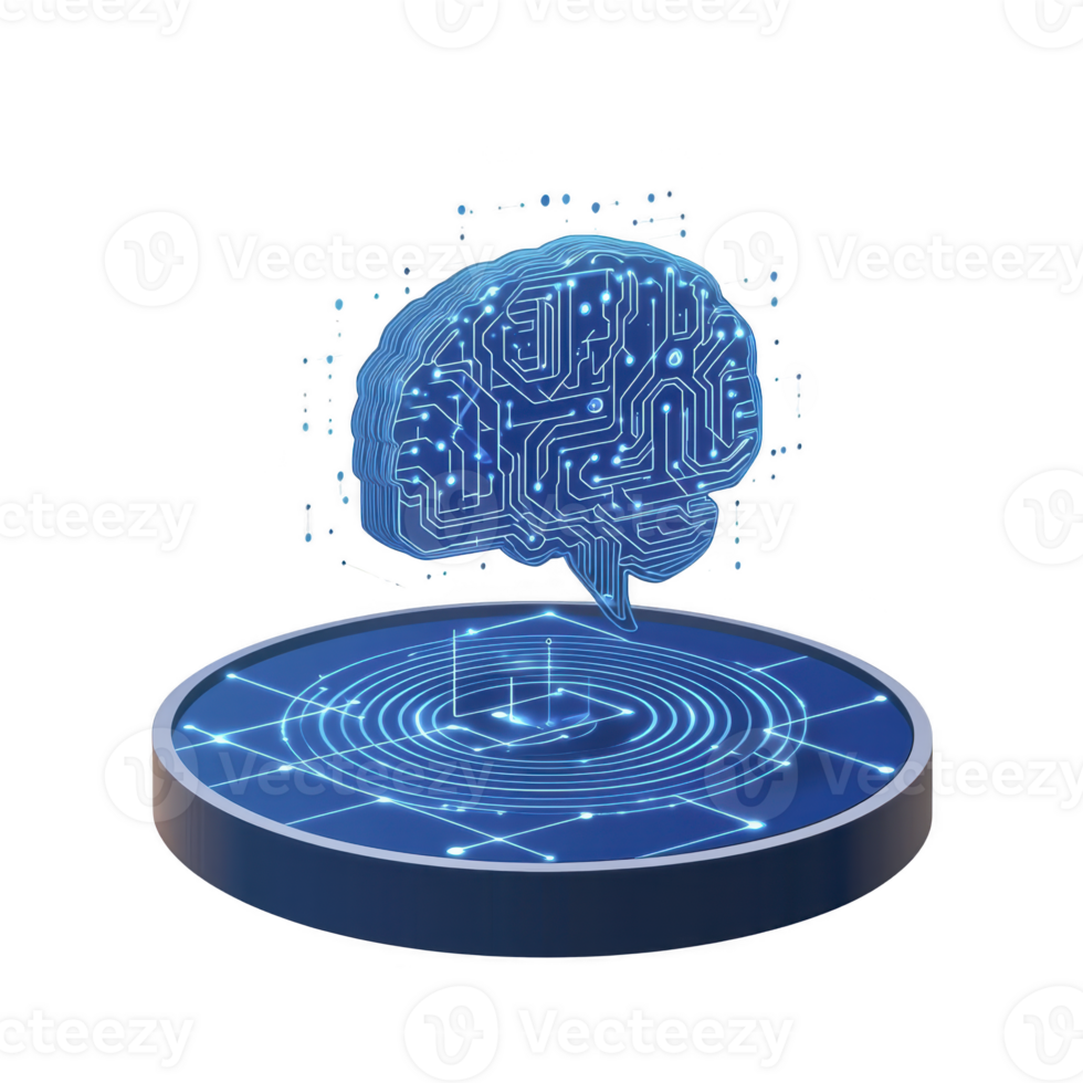 digital brain with circuit patterns hovers above futuristic platform, symbolizing artificial intelligence and technology. glowing blue design conveys innovation and advanced computing png