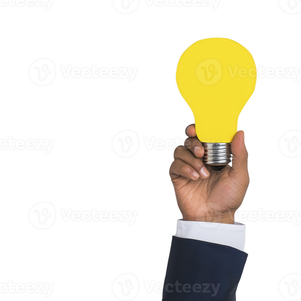 hand in suit holds bright yellow light bulb, symbolizing creativity and innovation. image conveys sense of inspiration and new ideas, with focus on business and success png