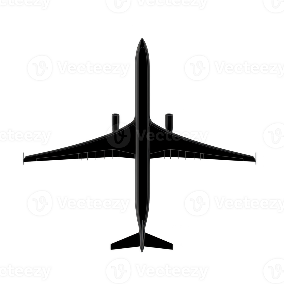silhouette of large passenger airplane is shown from top down view, highlighting its wingspan and sleek design. image captures aircraft streamlined shape against plain background png