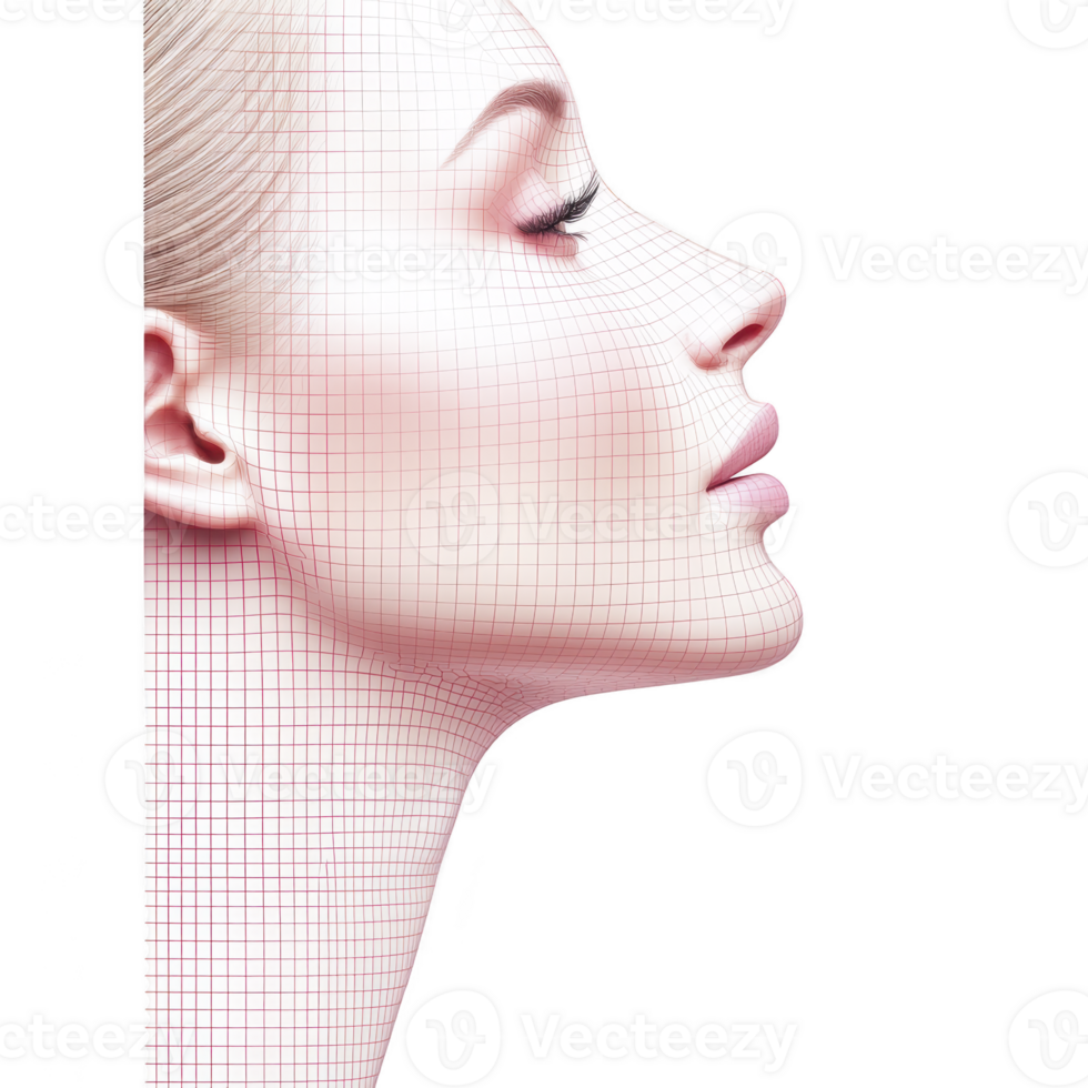 profile view of woman face with digital grid overlay highlights facial features and symmetry, suggesting concepts of beauty and technology. serene expression adds elegance png