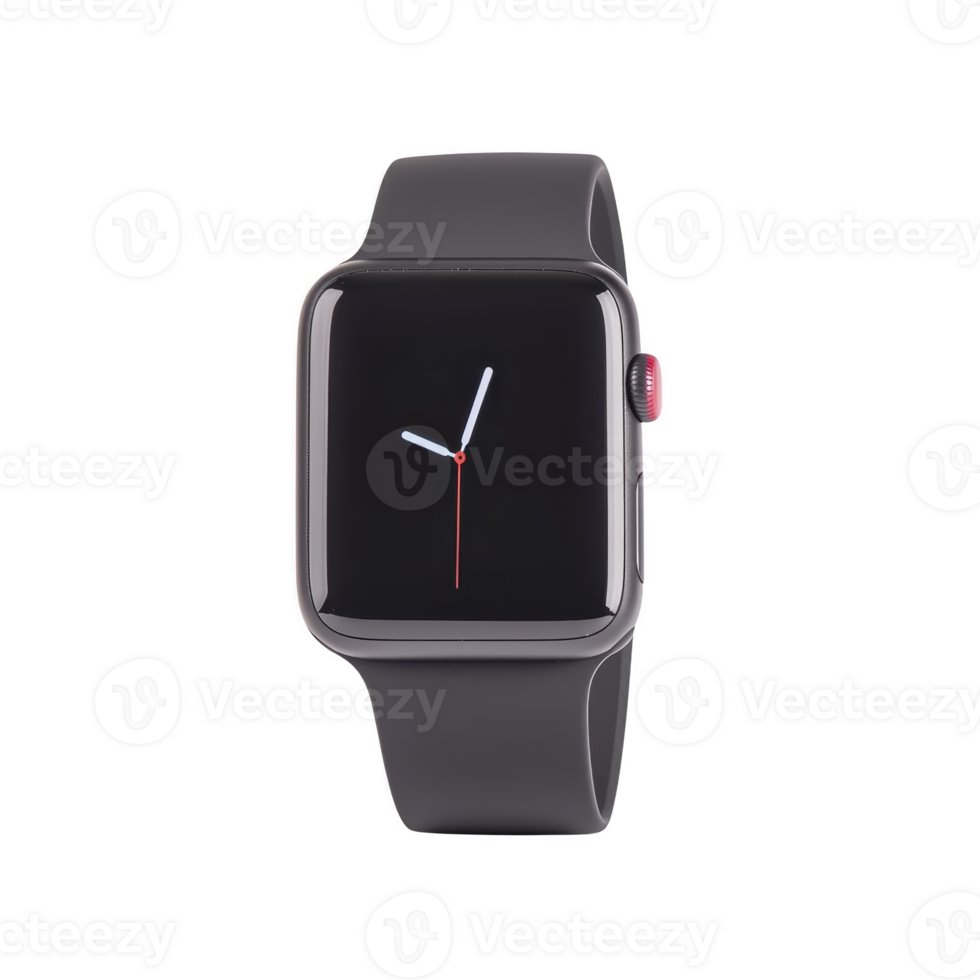 sleek black smartwatch with minimalist design, featuring square face and digital clock display. watch has smooth black band and red accent on side button png