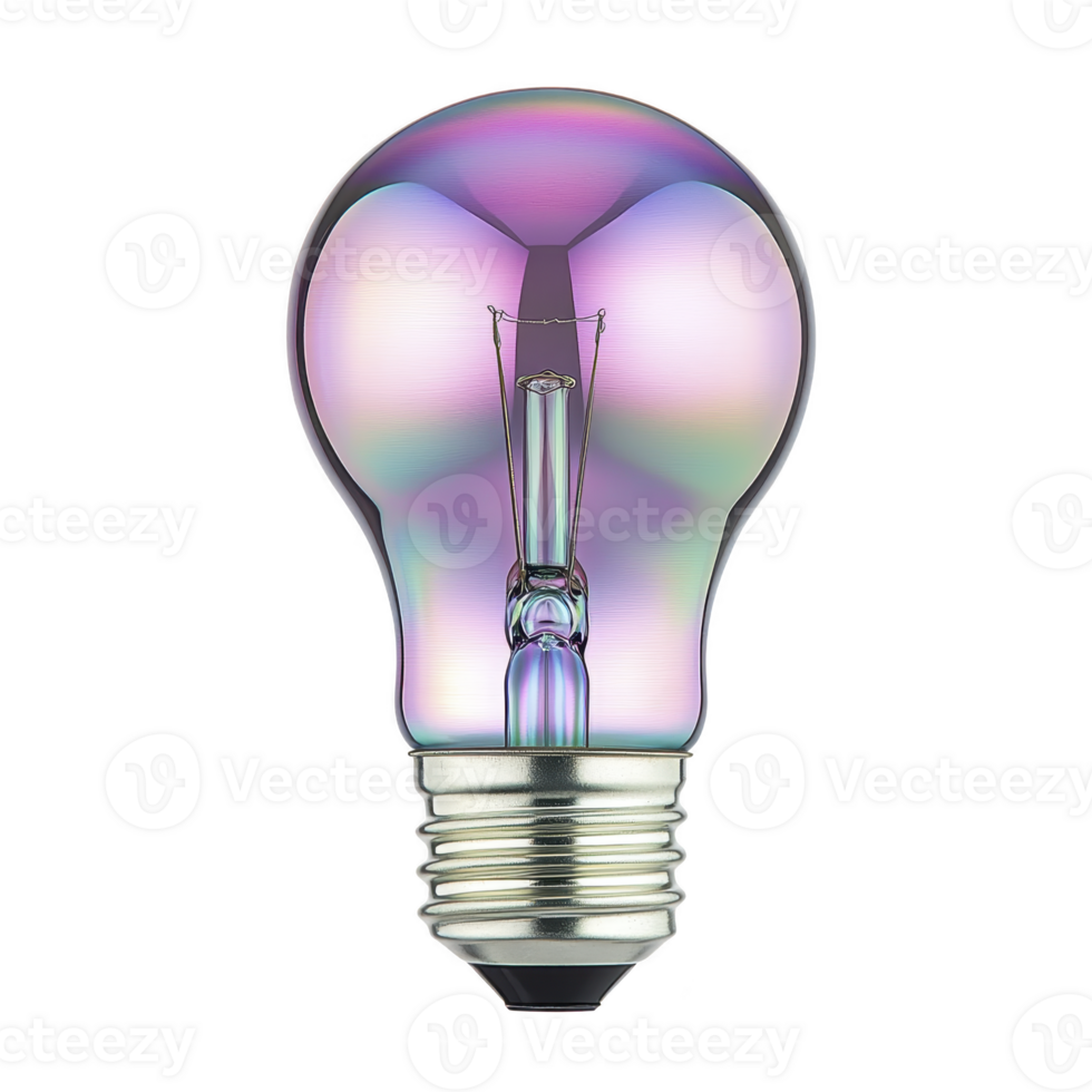 colorful iridescent light bulb with metallic base, reflecting spectrum of colors, symbolizes creativity and innovation. bulb unique design adds modern and artistic touch png