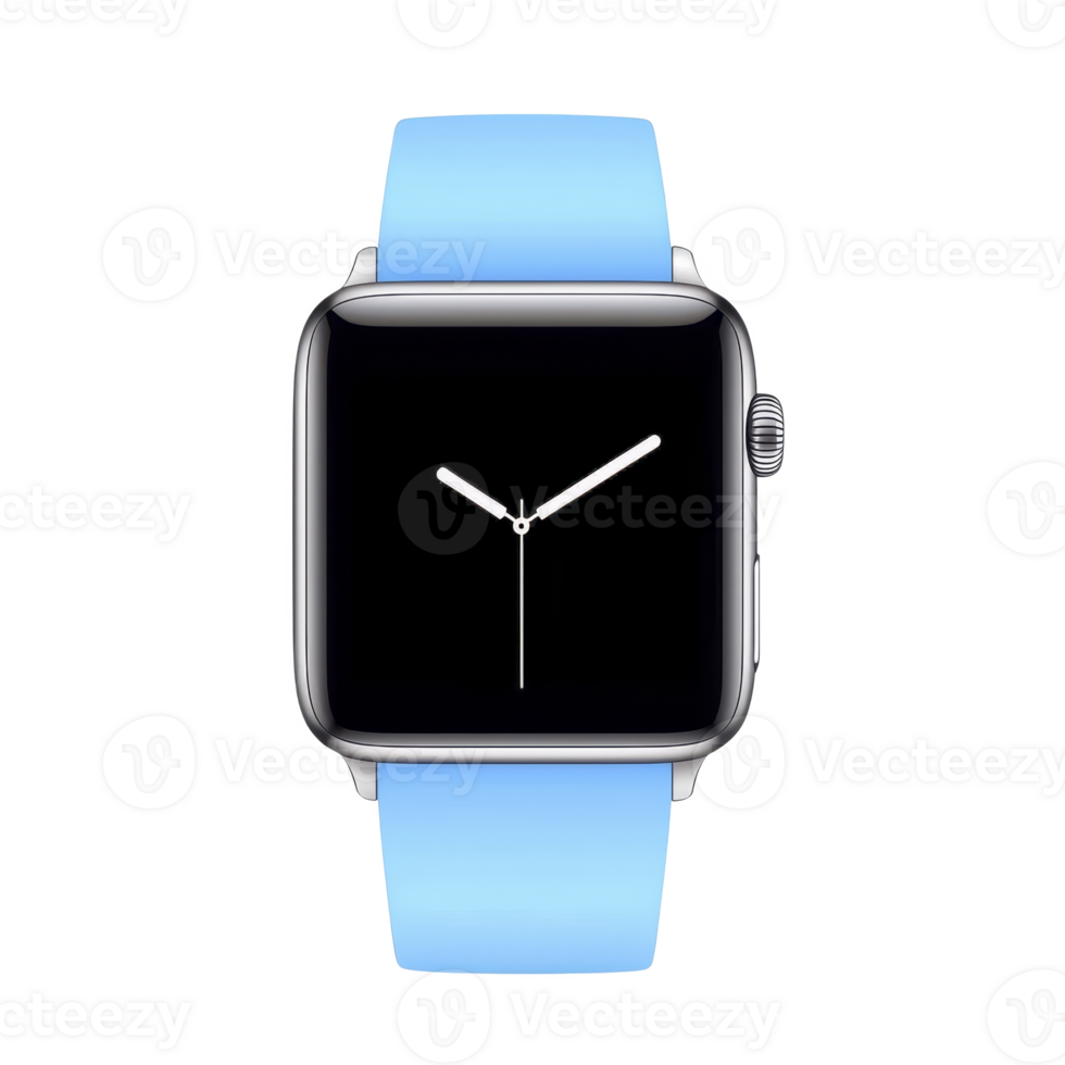 sleek smartwatch with minimalist design features square face and light blue band, perfect for modern tech enthusiasts. watch displays simple analog clock interface png