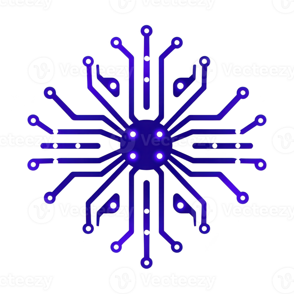 digital snowflake design with circuit board pattern, featuring intricate blue lines and nodes, symbolizes technology and innovation. symmetrical layout creates futuristic and artistic impression png