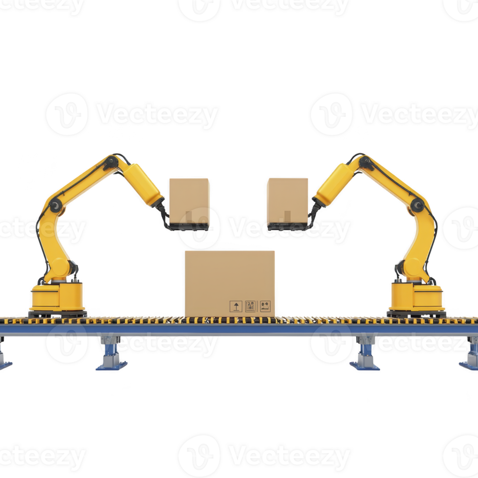Two robotic arms on conveyor belt handle cardboard boxes, showcasing automation in industrial packaging. scene highlights efficiency and modern technology in logistics png