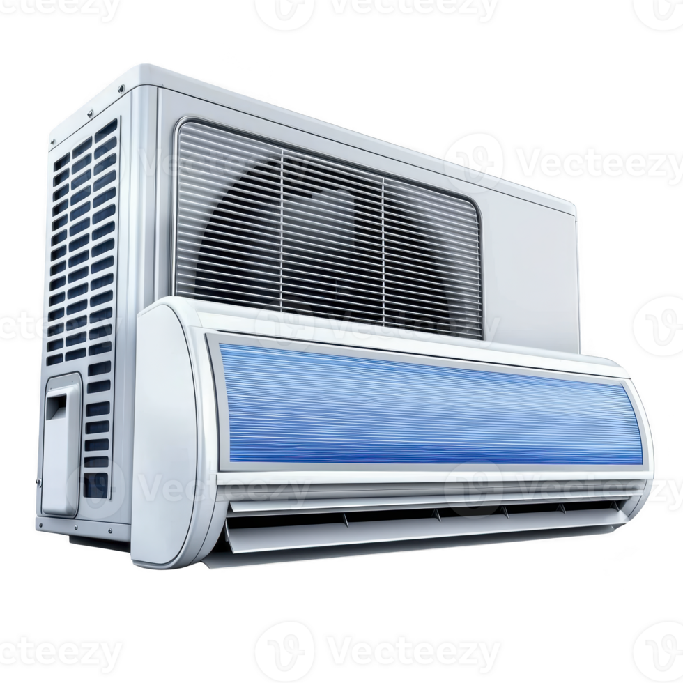 modern air conditioning unit with sleek design, featuring blue front panel and visible outdoor compressor. unit is designed for efficient cooling and energy saving performance png
