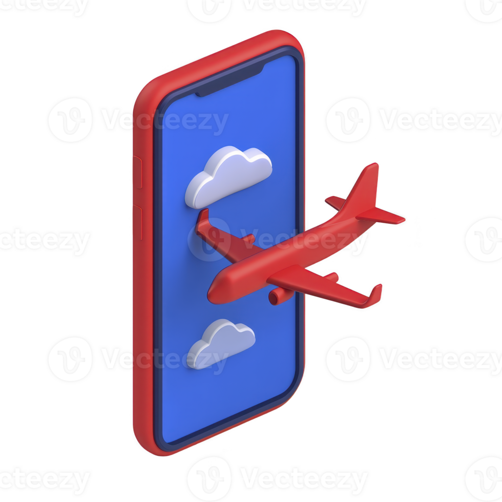 red airplane emerges from smartphone screen displaying clouds, symbolizing online travel booking and digital connectivity. 3D illustration conveys innovation and modern technology png