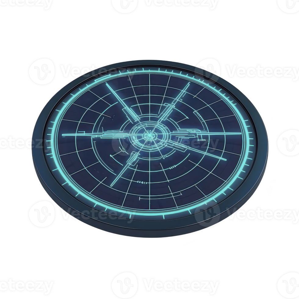 futuristic blue radar screen with glowing circular grid lines and digital interface elements, conveying sense of advanced technology and precision png