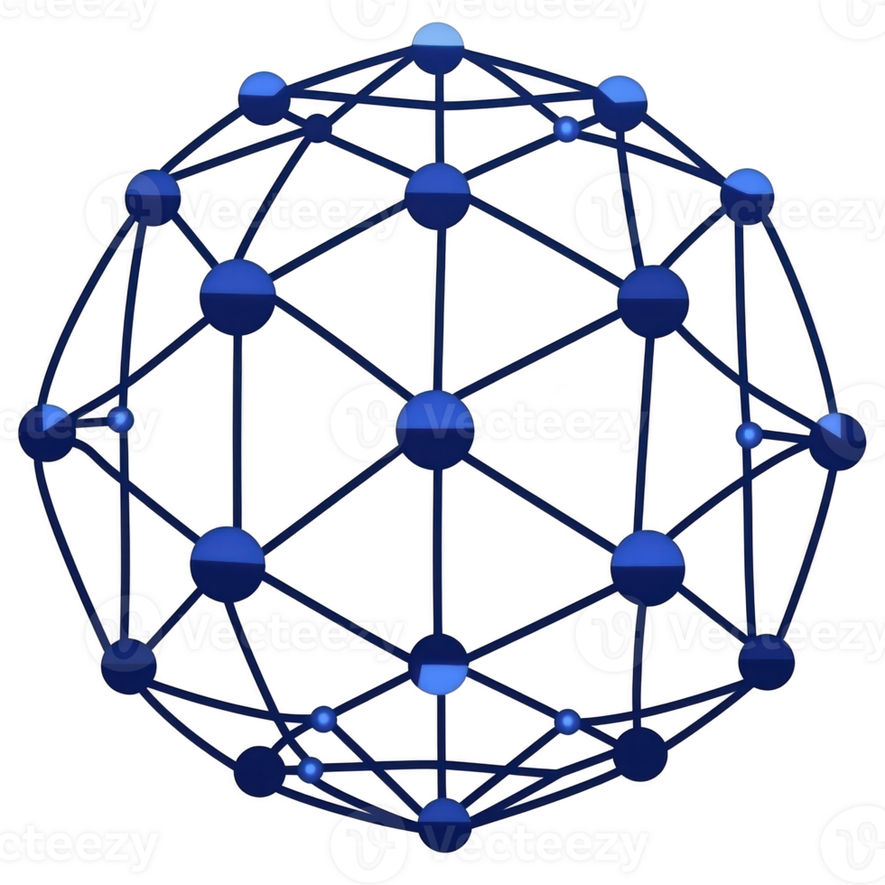 blue geometric sphere composed of interconnected nodes and lines represents network or digital connectivity concept. design is modern and abstract, symbolizing technology and communication png