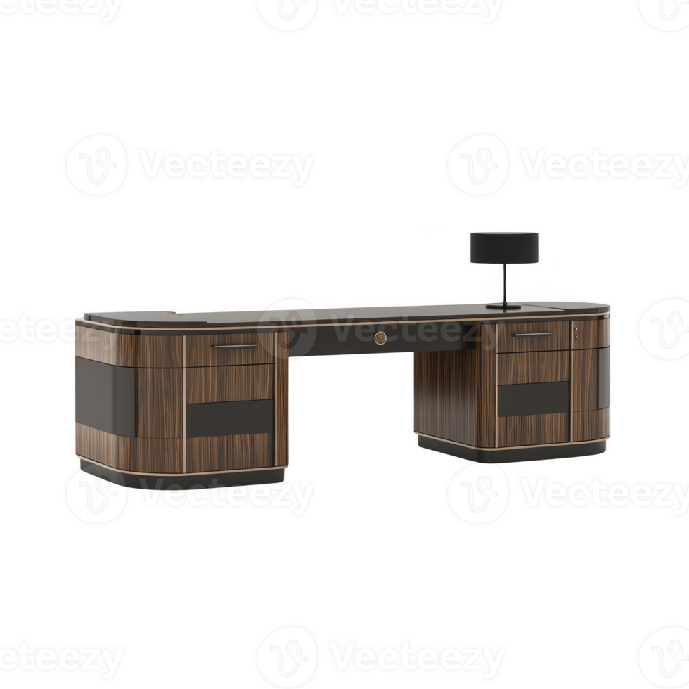 sleek, modern executive desk with dark wood finish and black accents, featuring multiple drawers and central workspace. design is elegant and functional, suitable for professional office setting png