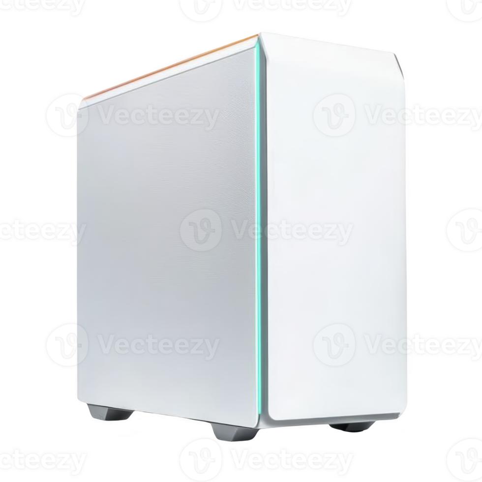 sleek white computer tower with minimalist design and subtle LED lighting, perfect for modern gaming or office setups. case features smooth finish and stands on small feet png
