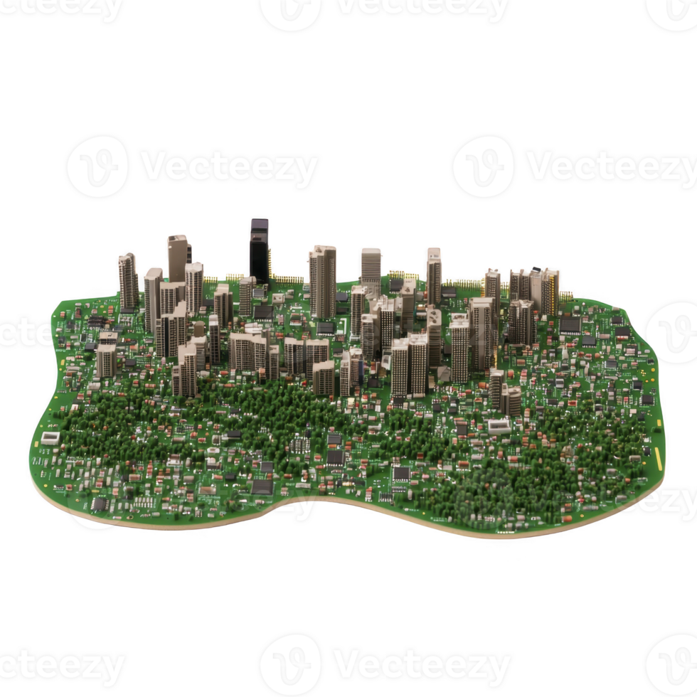 detailed miniature model of modern cityscape features numerous skyscrapers surrounded by lush greenery and smaller buildings, showcasing urban planning and architectural design png