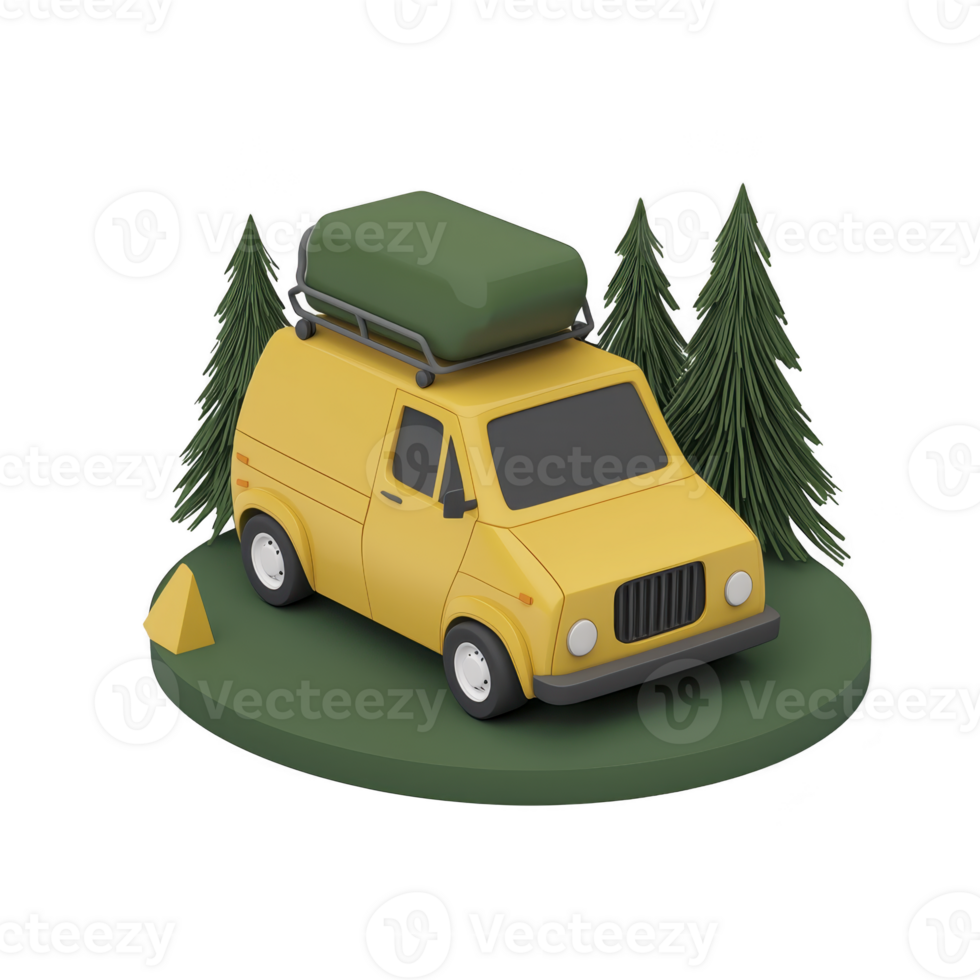 yellow camper van with roof box is parked on grassy area surrounded by pine trees, evoking sense of adventure and outdoor exploration png