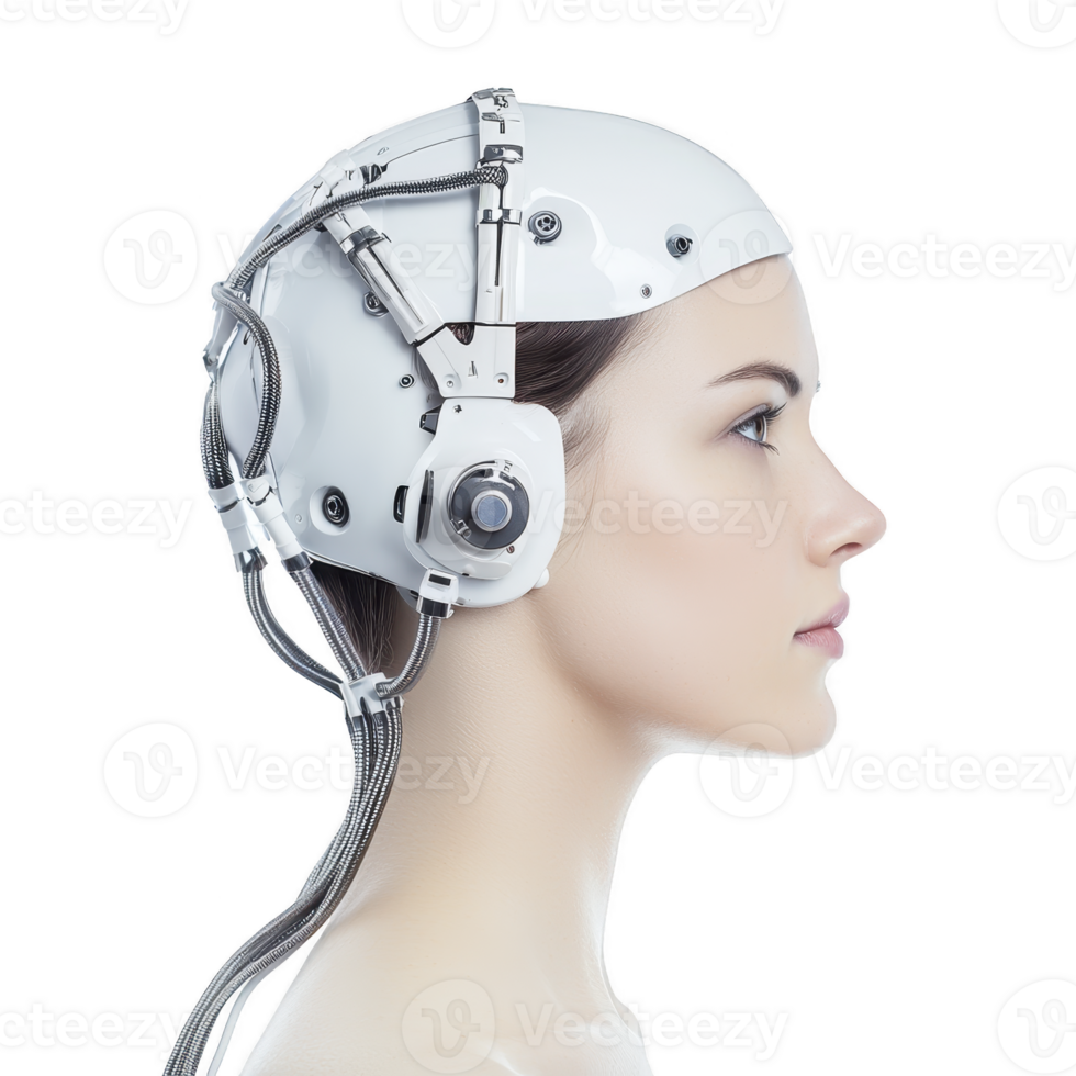 woman wearing futuristic white helmet with cables and mechanical components, symbolizing advanced technology and artificial intelligence. sleek design suggests innovation and modernity png
