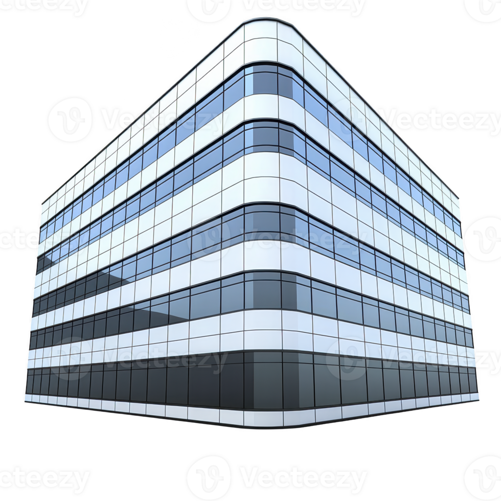 modern glass office building with sleek, reflective windows and minimalist design, showcasing contemporary architecture. structure features rounded corners and grid like facade png
